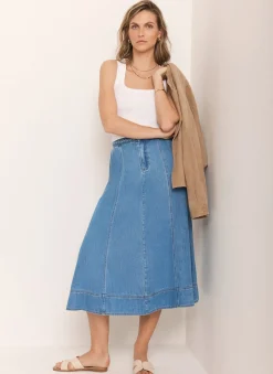 Outlet Mid Indigo Plait Detail Denim Midi Skirt Midi Skirts|Skirts