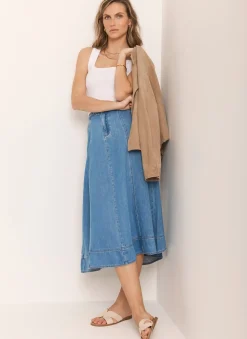 Outlet Mid Indigo Plait Detail Denim Midi Skirt Midi Skirts|Skirts
