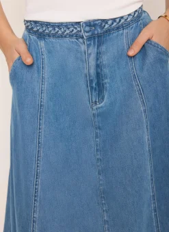 Outlet Mid Indigo Plait Detail Denim Midi Skirt Midi Skirts|Skirts