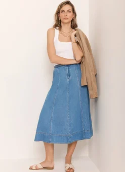 Outlet Mid Indigo Plait Detail Denim Midi Skirt Midi Skirts|Skirts