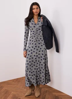 Online Heart Print Zip Front Midi Dress Midi Dresses|Printed Dresses