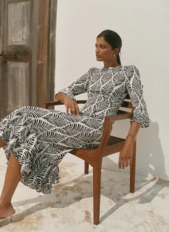 Outlet Navy Leaf Print Ruffle Detail Midi Dress Occasion Dresses|Occasion Dresses