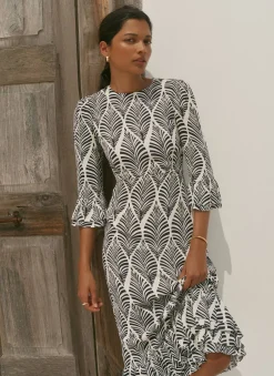 Outlet Navy Leaf Print Ruffle Detail Midi Dress Occasion Dresses|Occasion Dresses