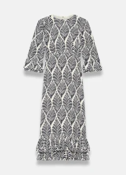 Outlet Navy Leaf Print Ruffle Detail Midi Dress Occasion Dresses|Occasion Dresses