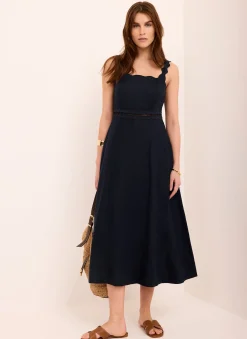 Outlet Linen Scallop Trim Midi Dress Summer Dresses|Midi Dresses