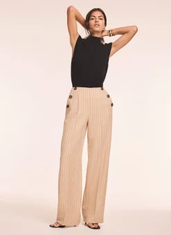 Neutral Button Front Pinstripe Trousers Wide Leg Trousers|Trousers