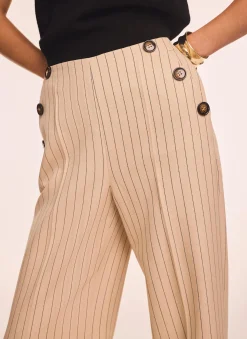Neutral Button Front Pinstripe Trousers Wide Leg Trousers|Trousers