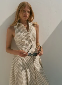 Hot Neutral Cotton Blend Striped Midi Dress Summer Dresses|Midi Dresses