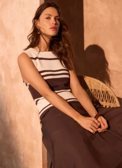 Neutral Cotton Blend Striped Knit Top Knitted Tops|Knitted Tops