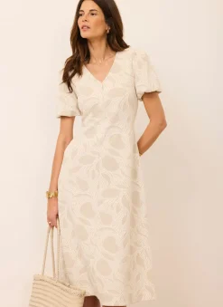 New Neutral Jacquard Puff Sleeve Midi Dress Summer Dresses|Midi Dresses
