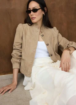 Neutral Suede Puff Sleeve Jacket Jackets|Leather & Suede Jackets