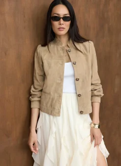 Neutral Suede Puff Sleeve Jacket Jackets|Leather & Suede Jackets
