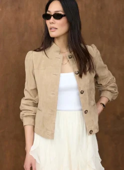 Neutral Suede Puff Sleeve Jacket Jackets|Leather & Suede Jackets