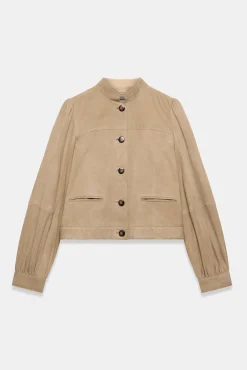 Neutral Suede Puff Sleeve Jacket Jackets|Leather & Suede Jackets