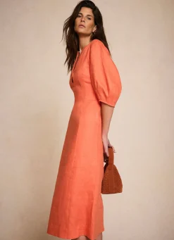Clearance Linen Puff Sleeve Midi Dress Summer Dresses|Midi Dresses