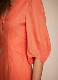 Clearance Linen Puff Sleeve Midi Dress Summer Dresses|Midi Dresses