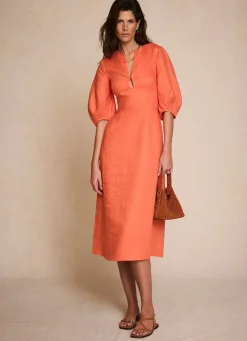 Clearance Linen Puff Sleeve Midi Dress Summer Dresses|Midi Dresses