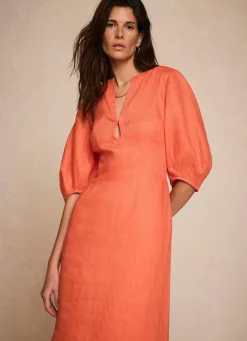 Clearance Linen Puff Sleeve Midi Dress Summer Dresses|Midi Dresses
