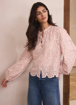 New Pink Cotton Broderie Detail Blouse Shirts & Blouses