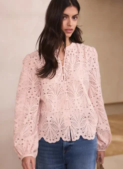 New Pink Cotton Broderie Detail Blouse Shirts & Blouses