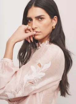Pink Embroidered Scallop Trim Blouse Shirts & Blouses|All Tops