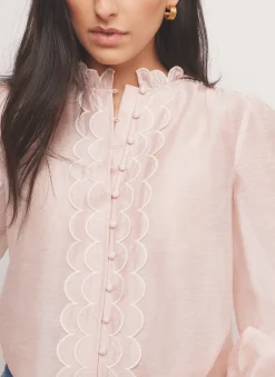 Pink Embroidered Scallop Trim Blouse Shirts & Blouses|All Tops