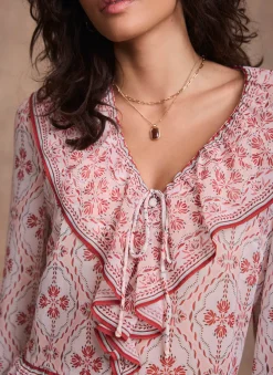 New Pink Geo Print Ruffle Blouse Shirts & Blouses