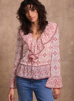 New Pink Geo Print Ruffle Blouse Shirts & Blouses