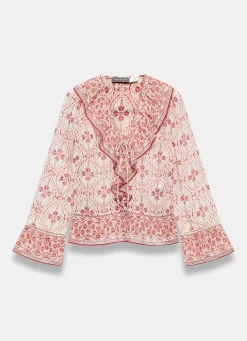 New Pink Geo Print Ruffle Blouse Shirts & Blouses