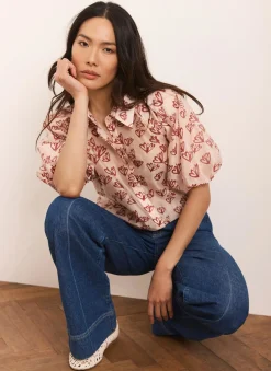 Best Pink Heart Print Puff Sleeve Shirt Shirts & Blouses