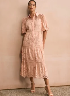 Best Pink Lace Midi Shirt Dress Occasion Dresses|Occasion Dresses