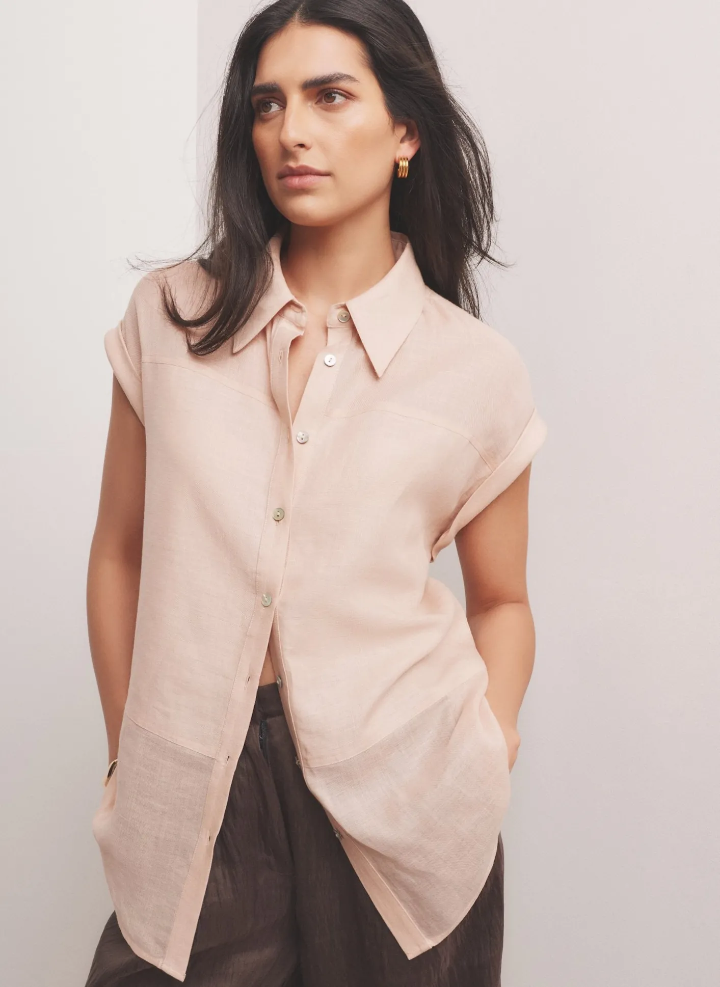 New Pink Linen Blend Sheer Panel Shirt Shirts & Blouses|All Tops