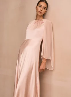 Outlet Pink Satin Cape Maxi Dress Occasion Dresses|Occasion Dresses