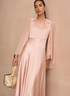 Outlet Pink Satin Cape Maxi Dress Occasion Dresses|Occasion Dresses