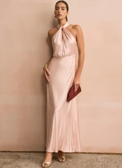 Online Pink Satin Halter Maxi Dress Occasion Dresses|Occasion Dresses
