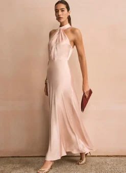 Online Pink Satin Halter Maxi Dress Occasion Dresses|Occasion Dresses