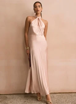 Online Pink Satin Halter Maxi Dress Occasion Dresses|Occasion Dresses