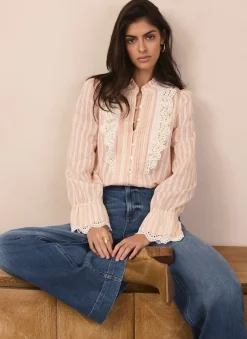 Outlet Pink Striped Broderie Trim Blouse Shirts & Blouses