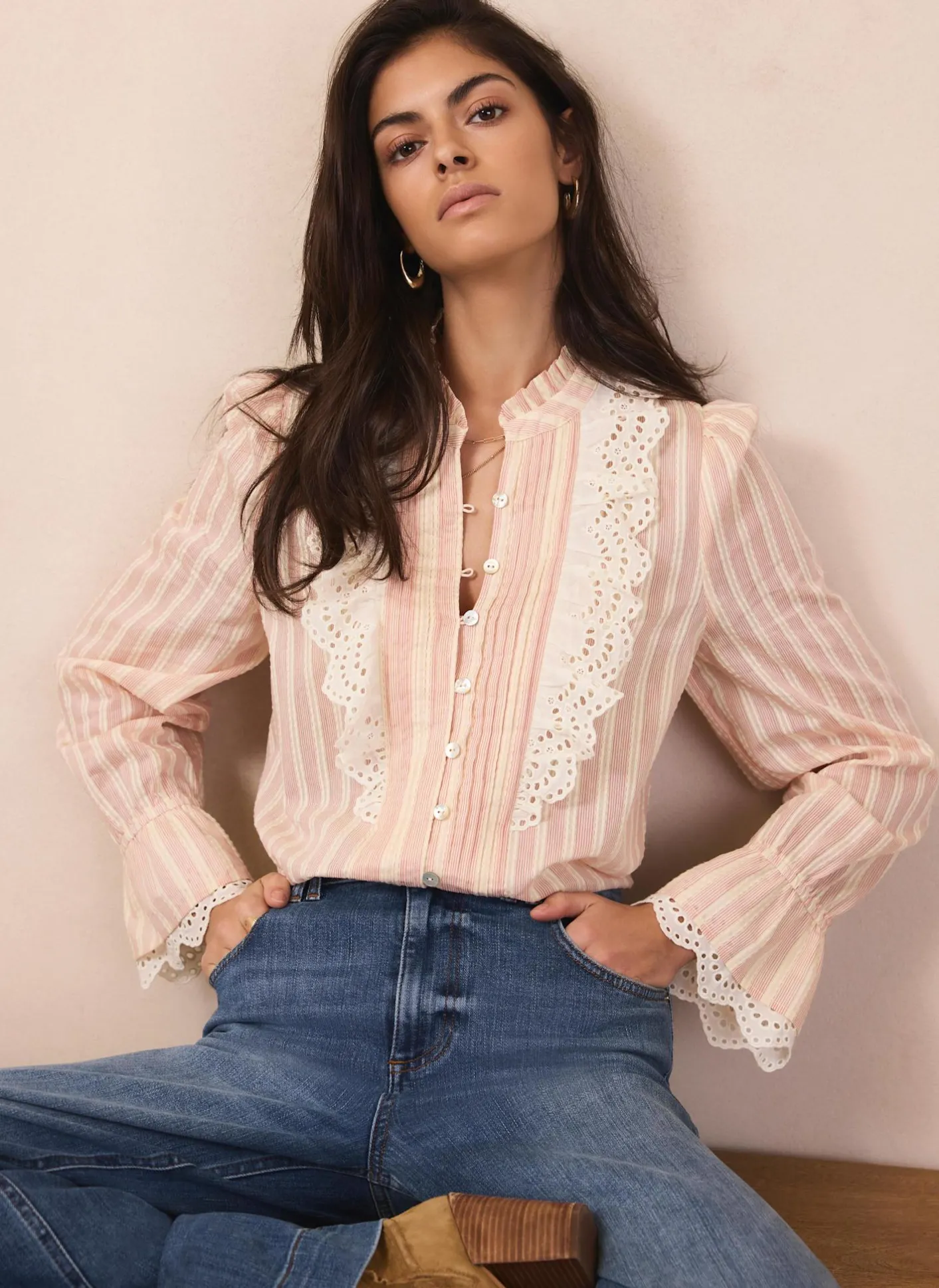 Outlet Pink Striped Broderie Trim Blouse Shirts & Blouses