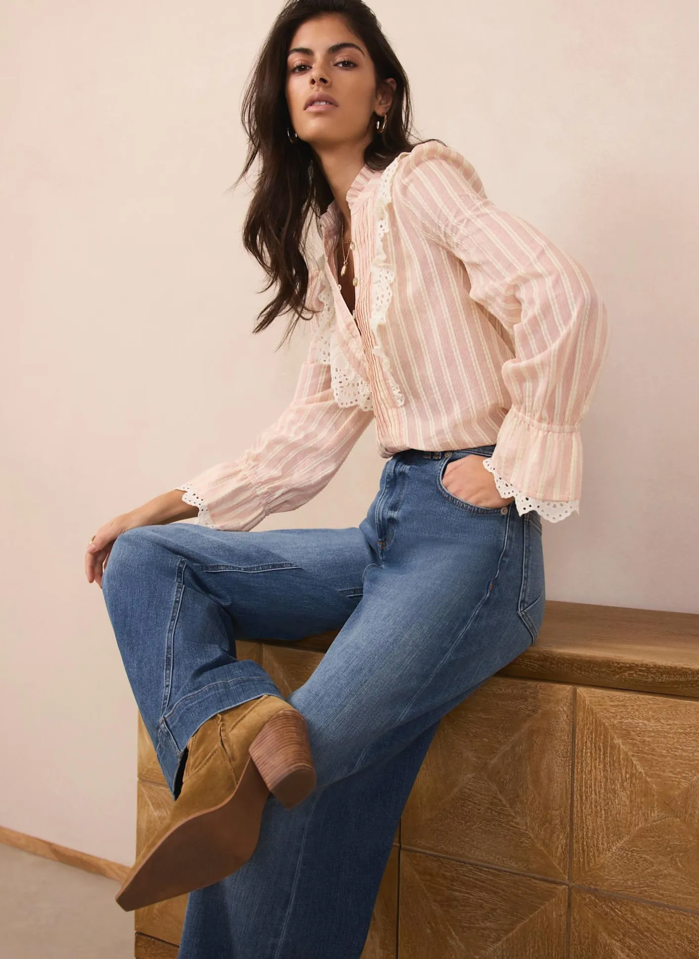 Outlet Pink Striped Broderie Trim Blouse Shirts & Blouses