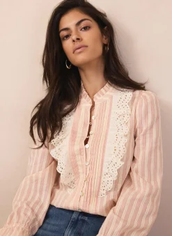 Outlet Pink Striped Broderie Trim Blouse Shirts & Blouses