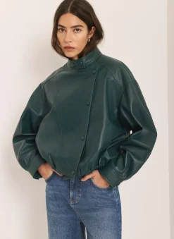Teal Leather Cropped Pilot Bomber Jacket Jackets|Leather & Suede Jackets
