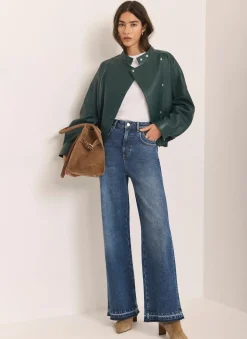 Teal Leather Cropped Pilot Bomber Jacket Jackets|Leather & Suede Jackets