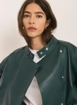 Teal Leather Cropped Pilot Bomber Jacket Jackets|Leather & Suede Jackets