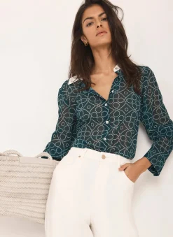Outlet Teal Printed Sheer Shirt Shirts & Blouses