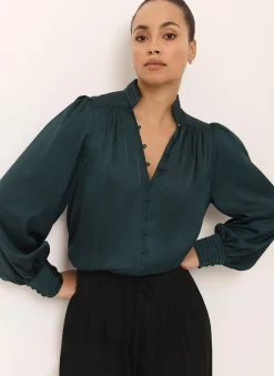 Clearance Teal Satin Long Sleeve Blouse Shirts & Blouses