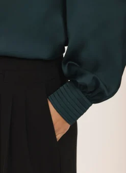 Clearance Teal Satin Long Sleeve Blouse Shirts & Blouses