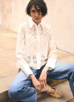 Sale White Broderie Cropped Shirt Shirts & Blouses