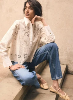 Sale White Broderie Cropped Shirt Shirts & Blouses