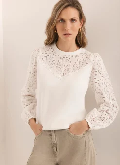 Sale White Cotton Blend Broderie Sweatshirt Sweatshirts|Sweatshirts